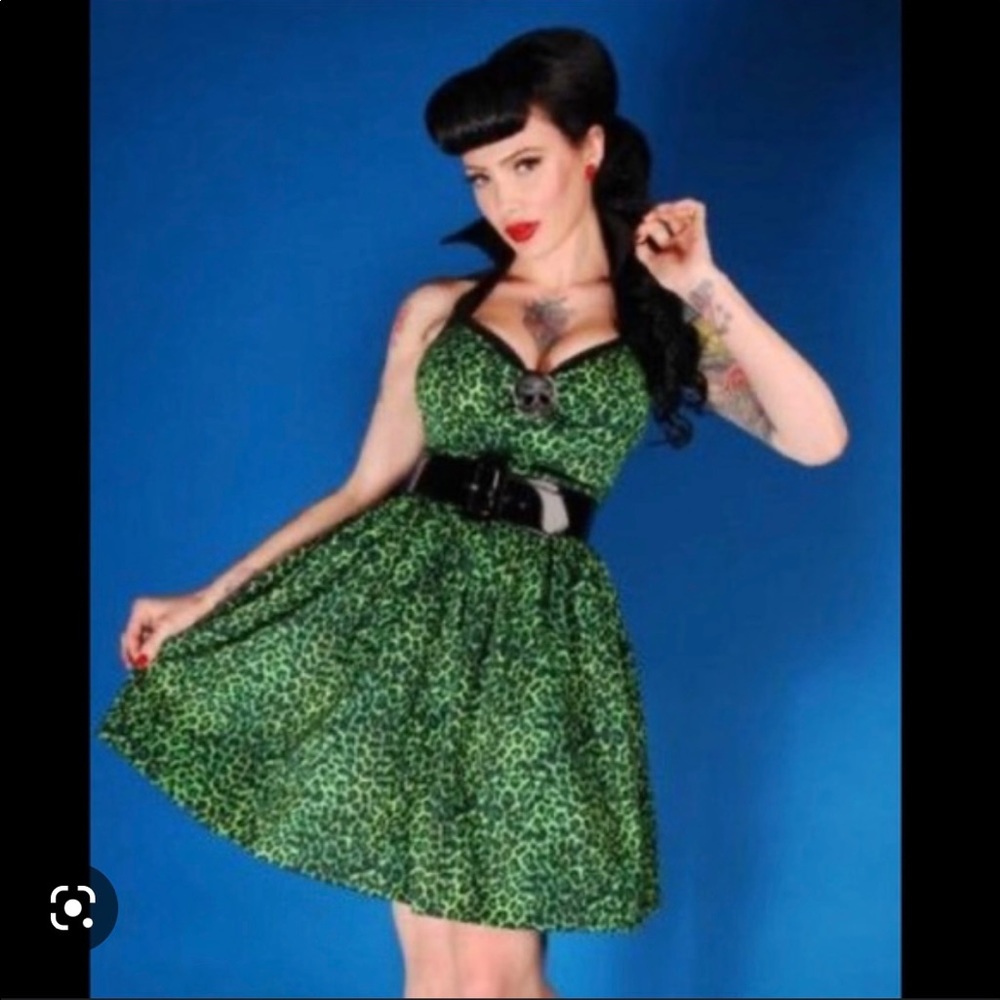 Deadly Dames designed by Micheline Pitt green leopard swing halter XS